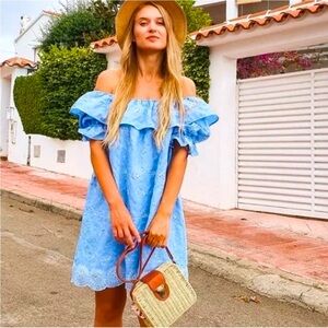 Zara Embroidery Off Shoulder tiered ruffle Cotton Dress playsuit Floral Blue XS